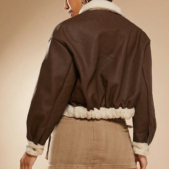 Brown Casual Women's Contrast Teddy Crop Jacket - Picture 2 of 6